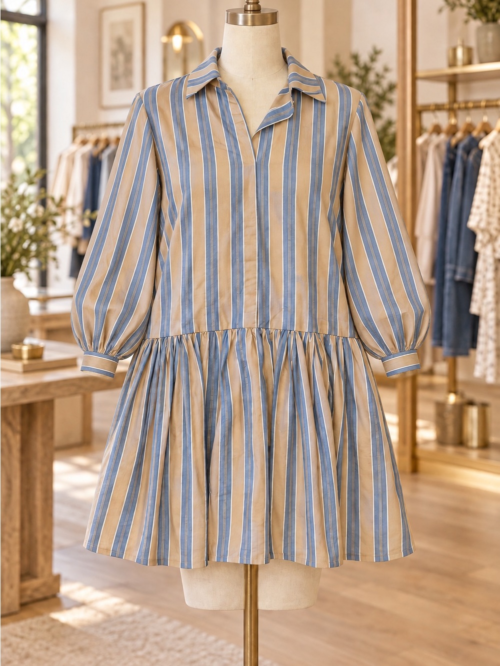 Meet me in Santorini Blue and Tan Striped Mini Shirt Dress NWT